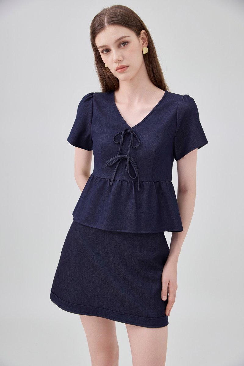Zaria Double Ribbon Ice Silk Denim Top