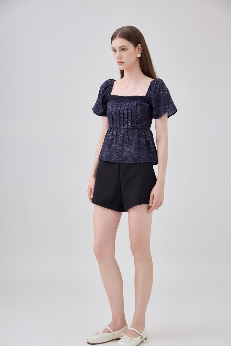Antonella Pintuck Babydoll Top In Navy