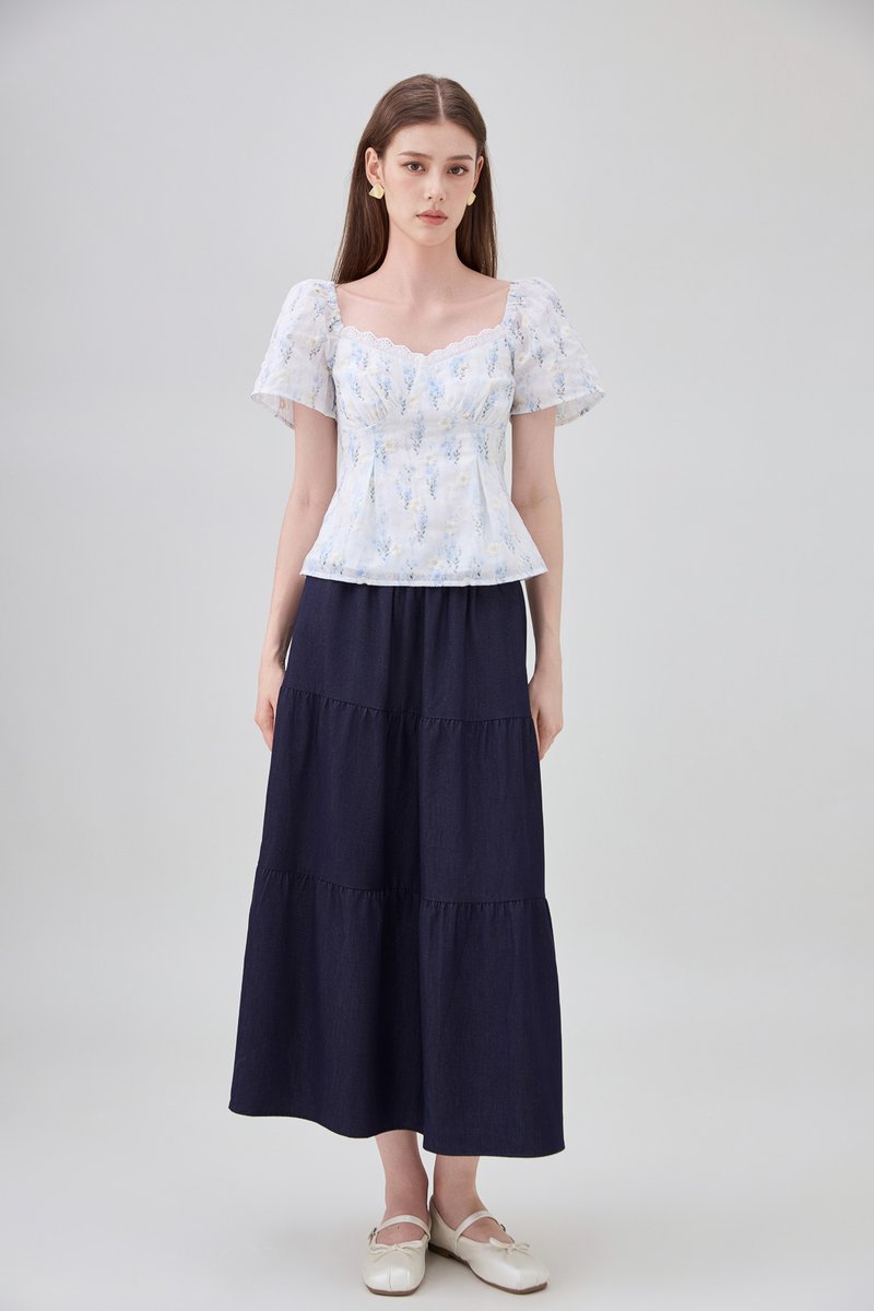 Renata Embroidery Floral Crochet Top In Blue
