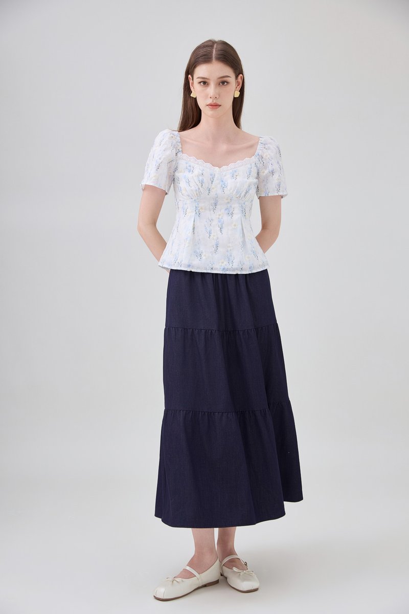 Renata Embroidery Floral Crochet Top In Blue