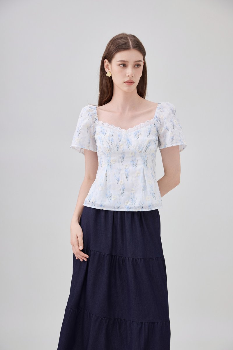 Renata Embroidery Floral Crochet Top In Blue