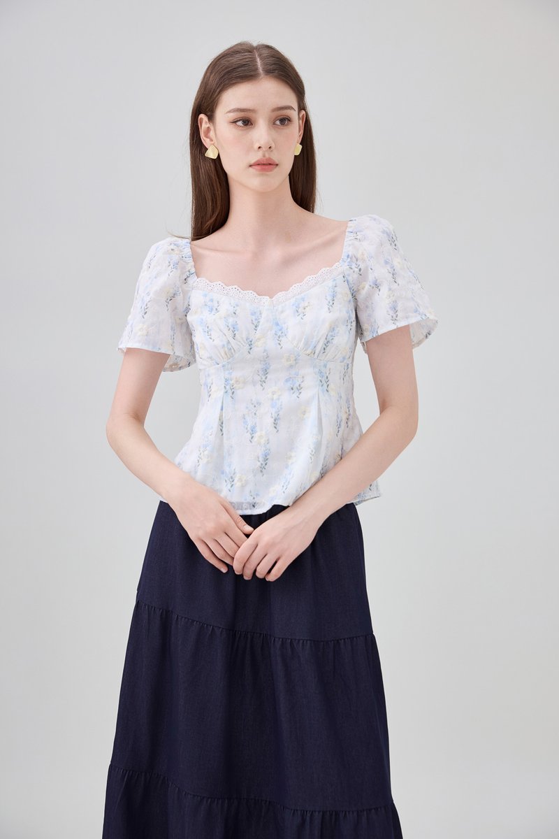 Renata Embroidery Floral Crochet Top In Blue