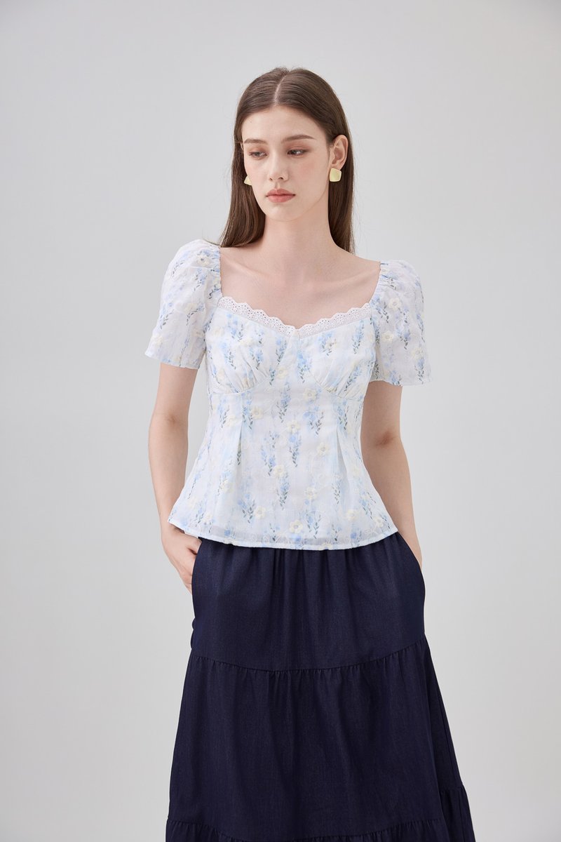 Renata Embroidery Floral Crochet Top In Blue