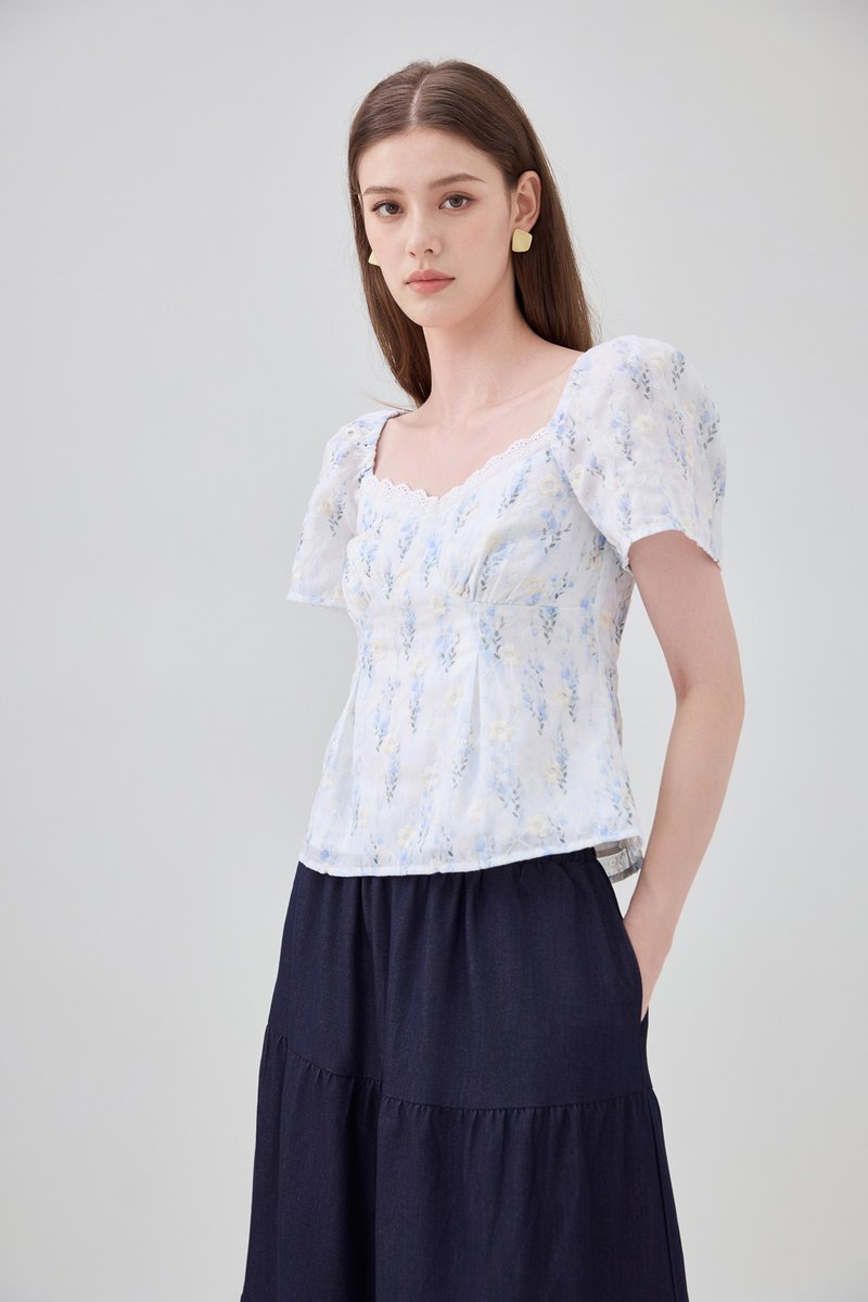 Renata Embroidery Floral Crochet Top In Blue