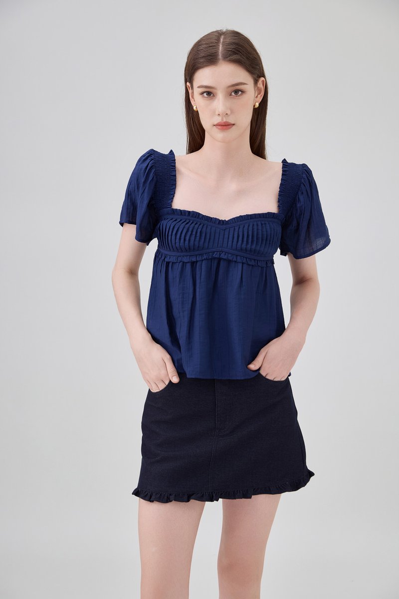 Marlee Textured Pleated Top In Navy