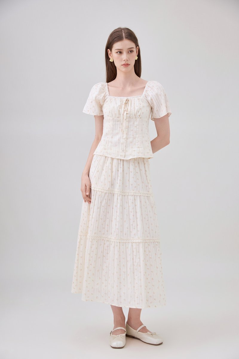 Sutton Floral Lace Midi Skirt In Cream