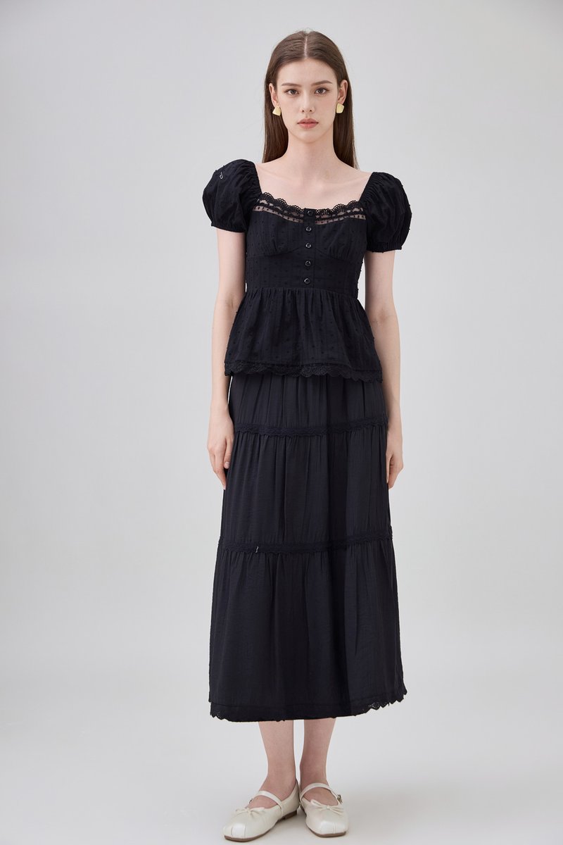 Annika Crochet Lace Tiered Midi Skirt In Black