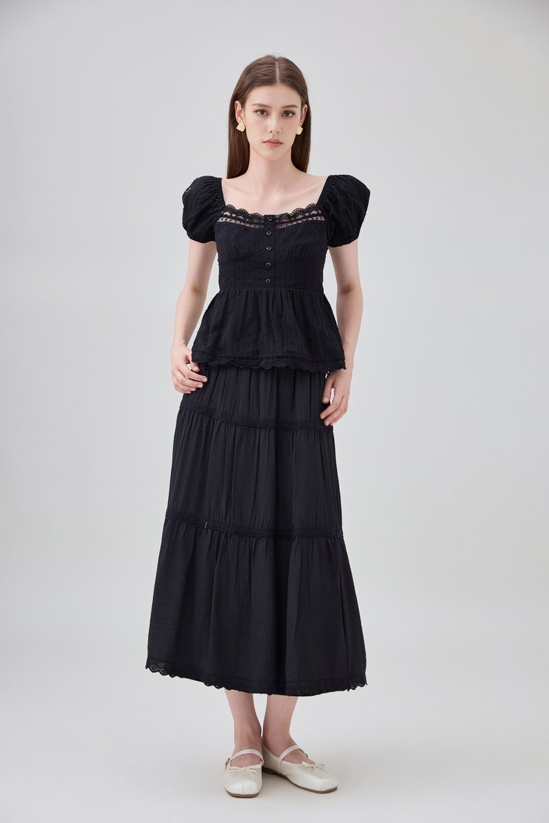 Darla Swiss Dot Crochet Babydoll Top In Black