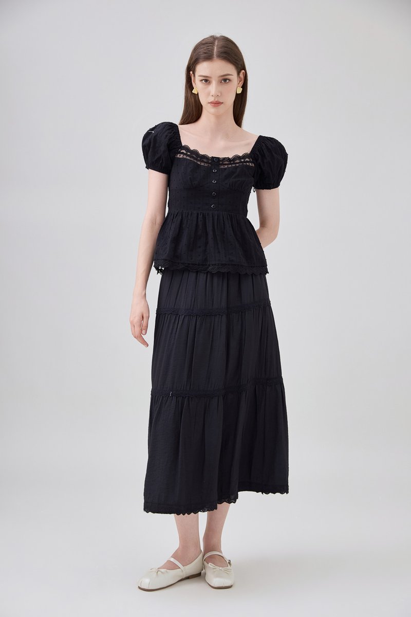Annika Crochet Lace Tiered Midi Skirt In Black