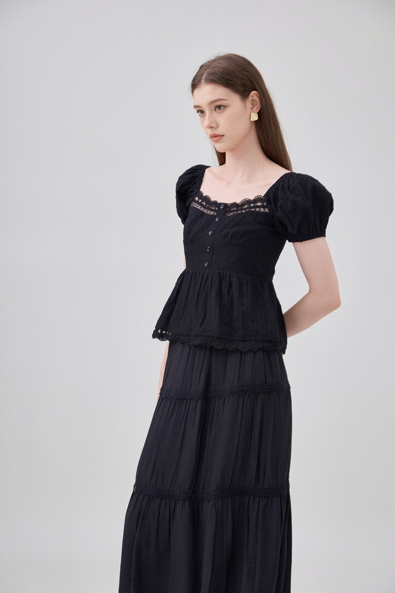 Darla Swiss Dot Crochet Babydoll Top In Black
