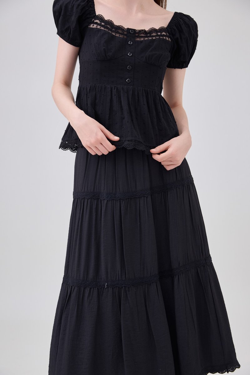 Annika Crochet Lace Tiered Midi Skirt In Black