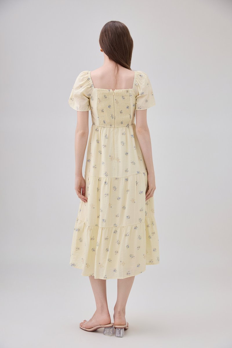 Lakelynn Pintuck Tiered Midi Dress In Pastel Yellow