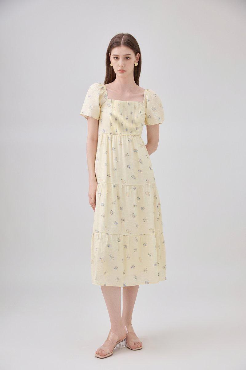 Lakelynn Pintuck Tiered Midi Dress In Pastel Yellow