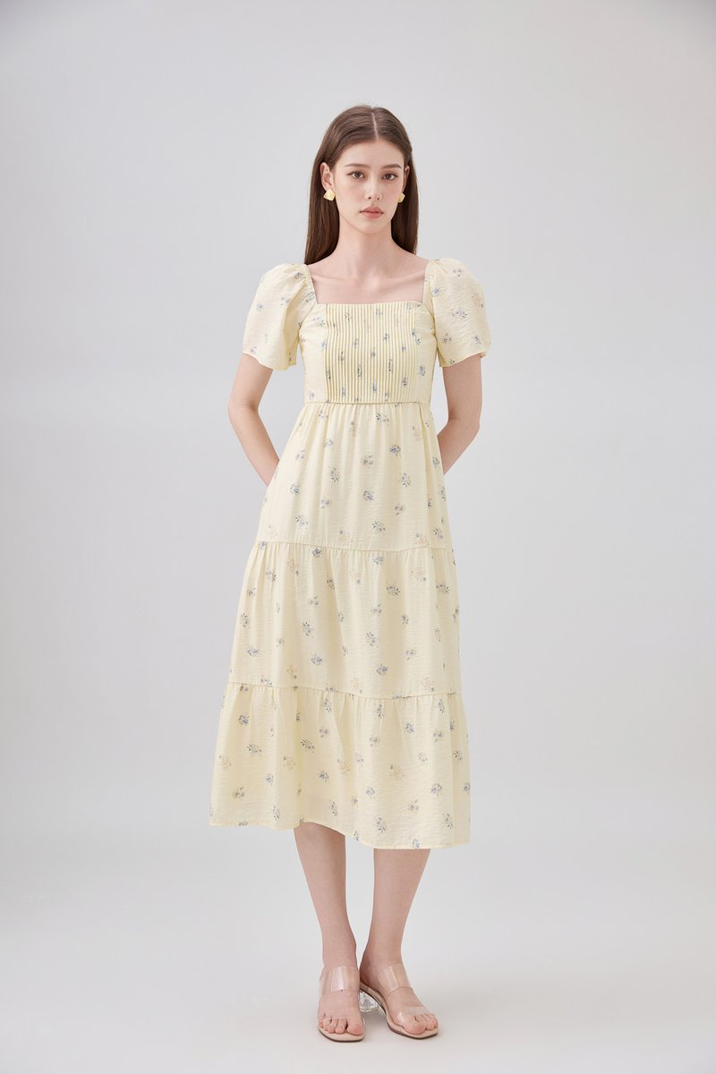 Lakelynn Pintuck Tiered Midi Dress In Pastel Yellow