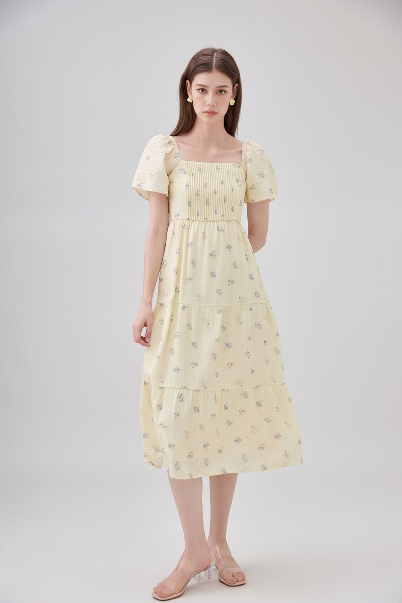 Lakelynn Pintuck Tiered Midi Dress In Pastel Yellow