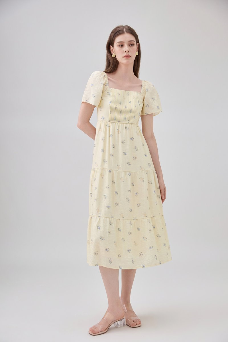 Lakelynn Pintuck Tiered Midi Dress In Pastel Yellow