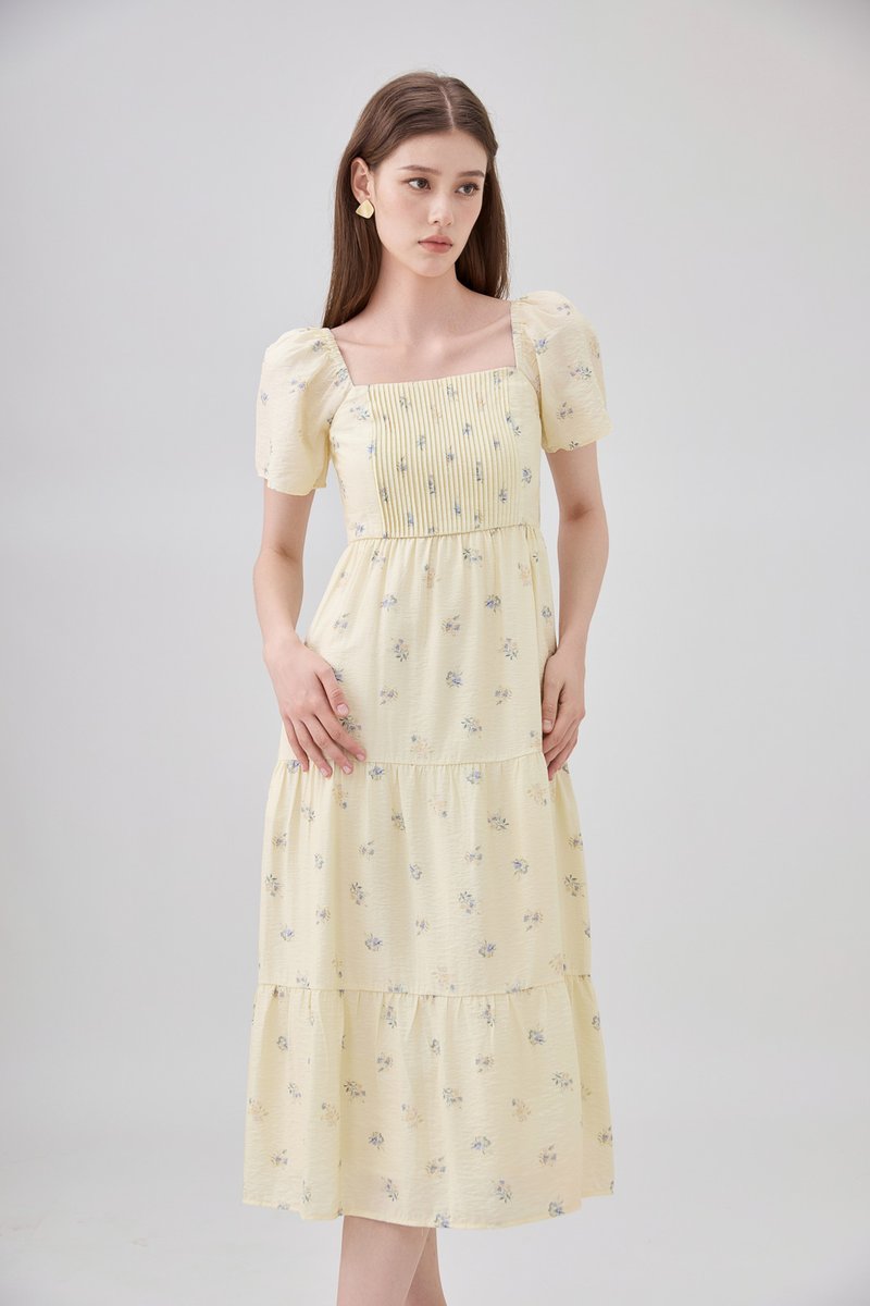 Lakelynn Pintuck Tiered Midi Dress In Pastel Yellow