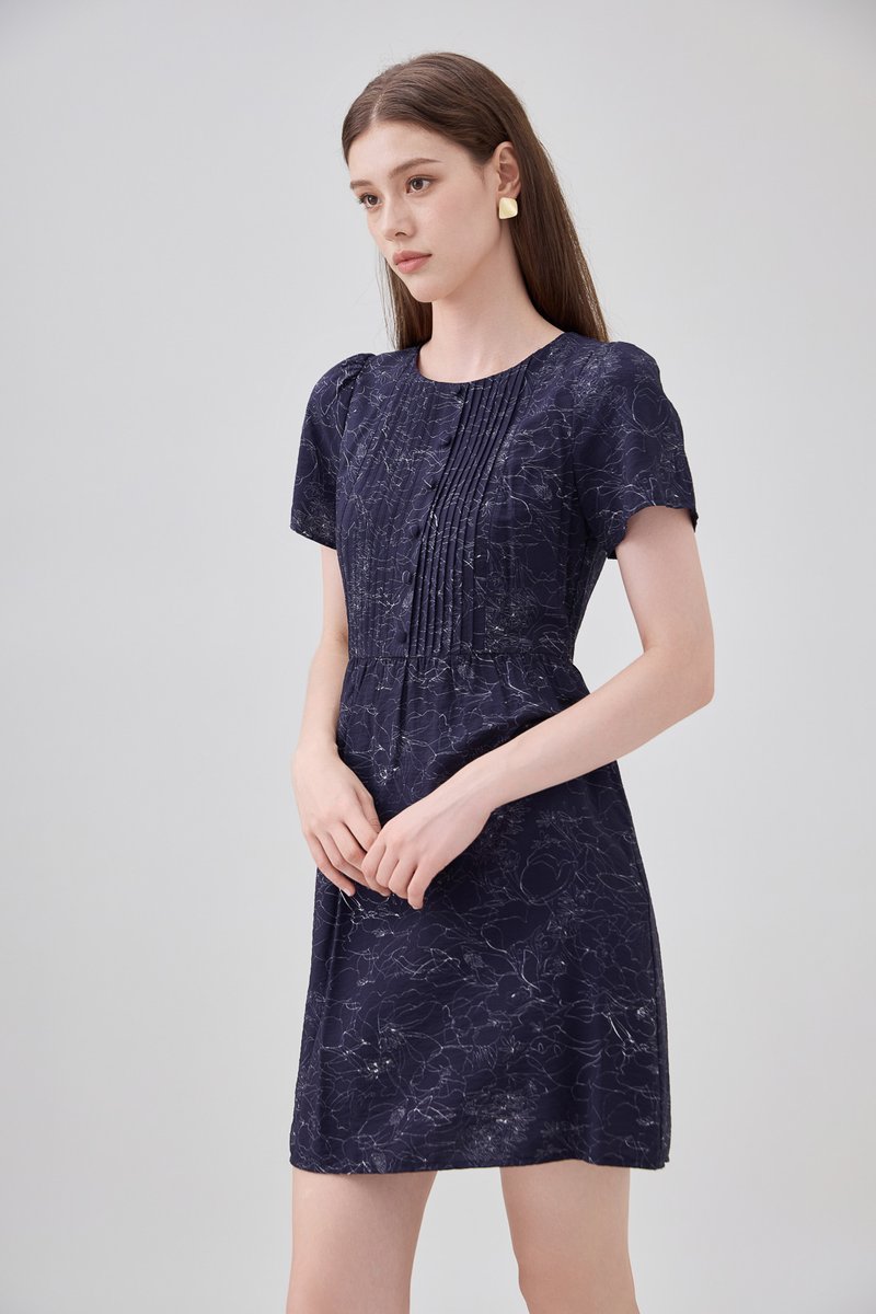 Antonella Pintuck Button Dress In Navy