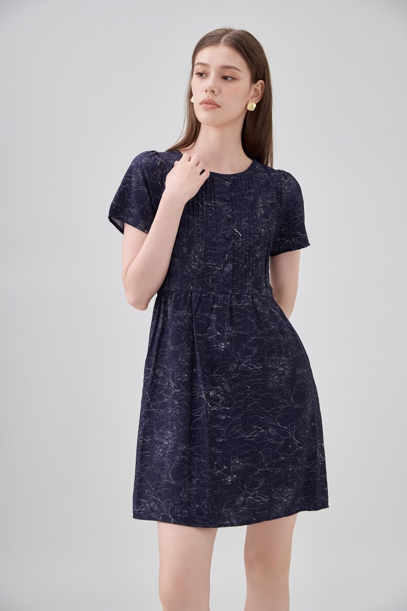 Antonella Pintuck Button Dress In Navy