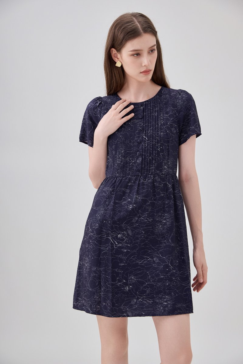 Antonella Pintuck Button Dress In Navy