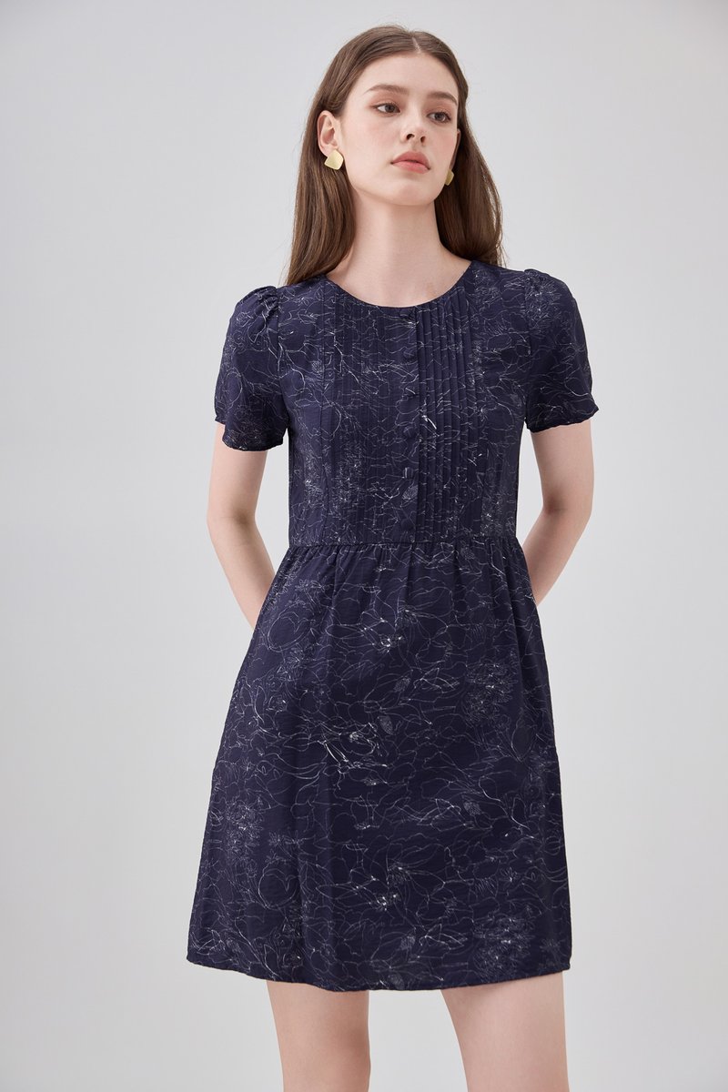 Antonella Pintuck Button Dress In Navy