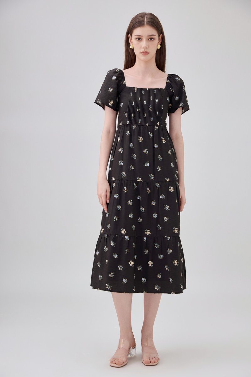 Lakelynn Pintuck Tiered Midi Dress In Black