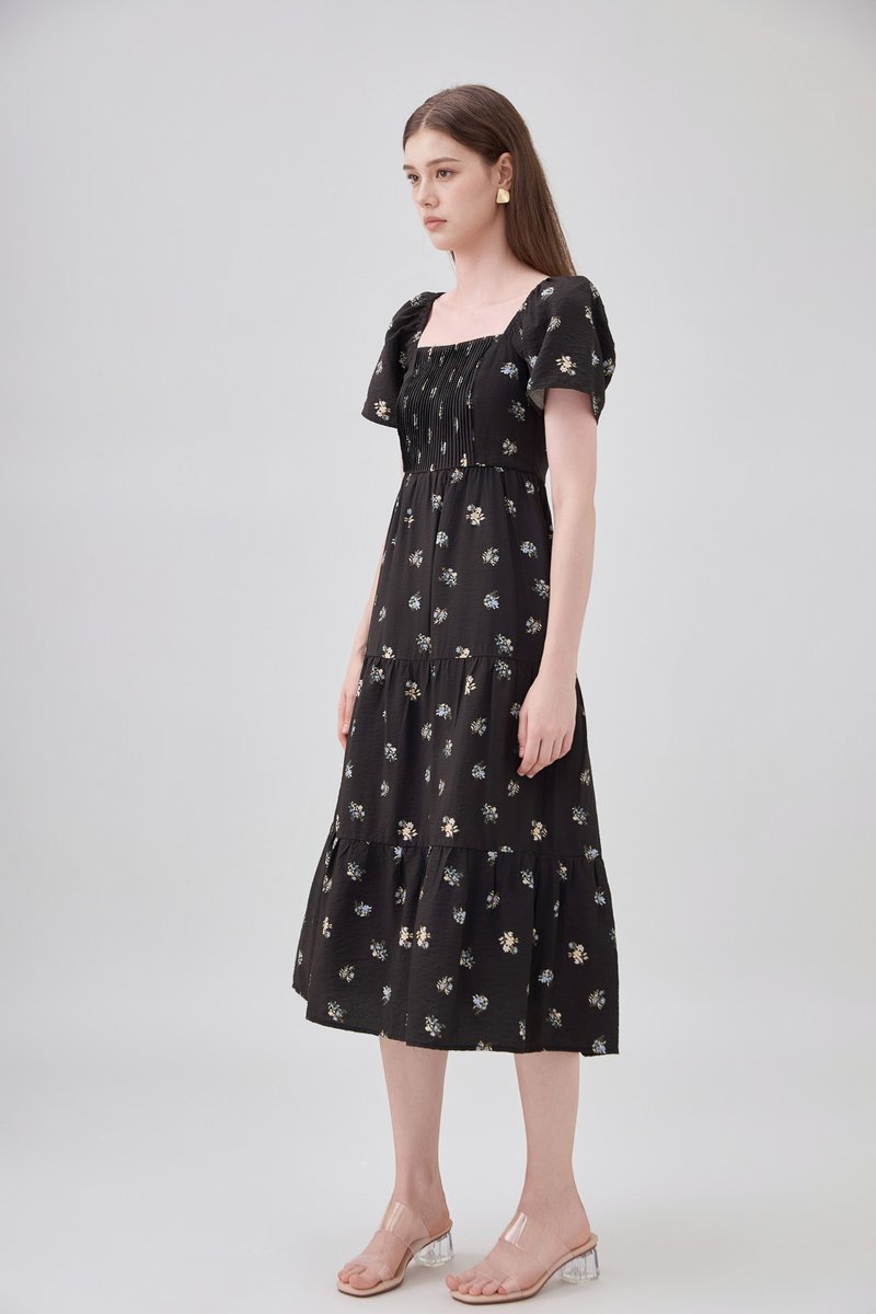 Lakelynn Pintuck Tiered Midi Dress In Black