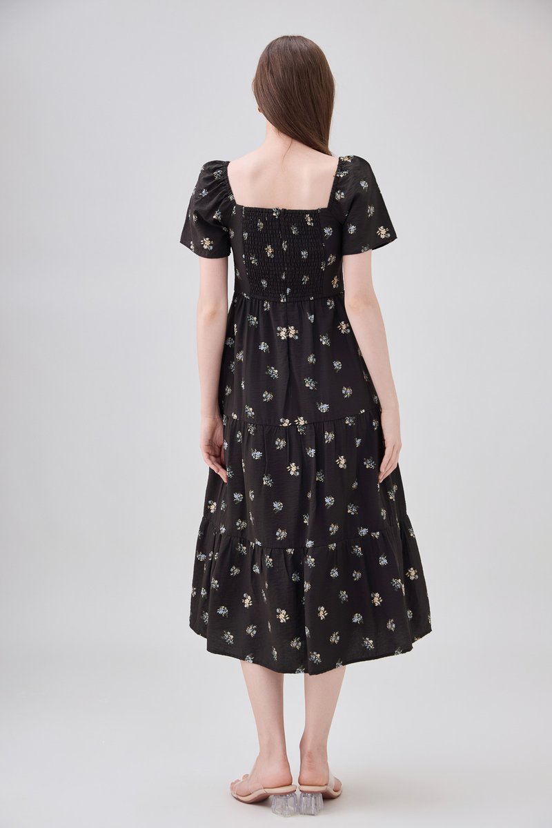 Lakelynn Pintuck Tiered Midi Dress In Black