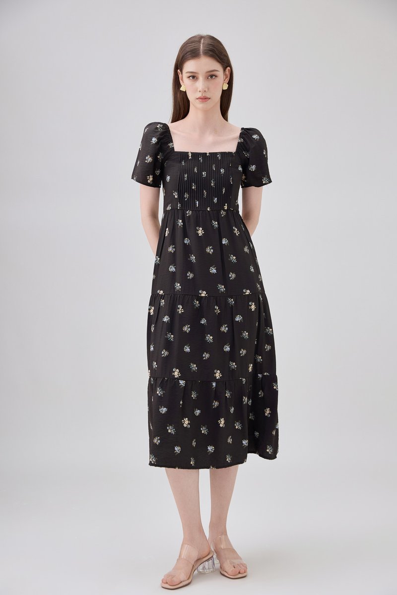 Lakelynn Pintuck Tiered Midi Dress In Black