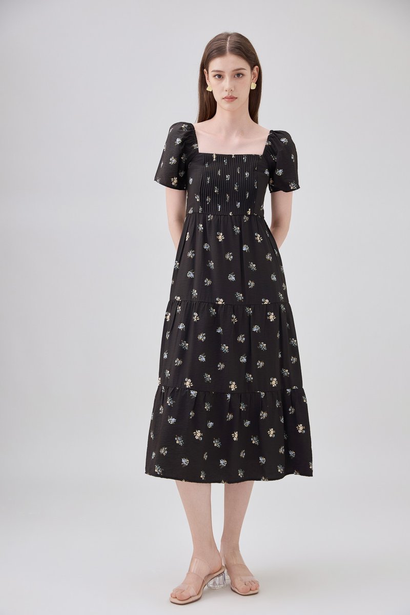 Lakelynn Pintuck Tiered Midi Dress In Black