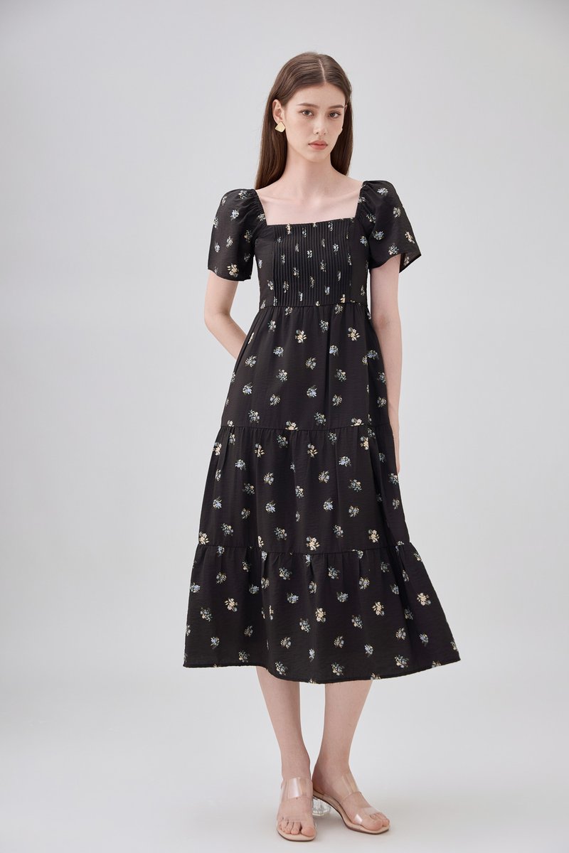 Lakelynn Pintuck Tiered Midi Dress In Black