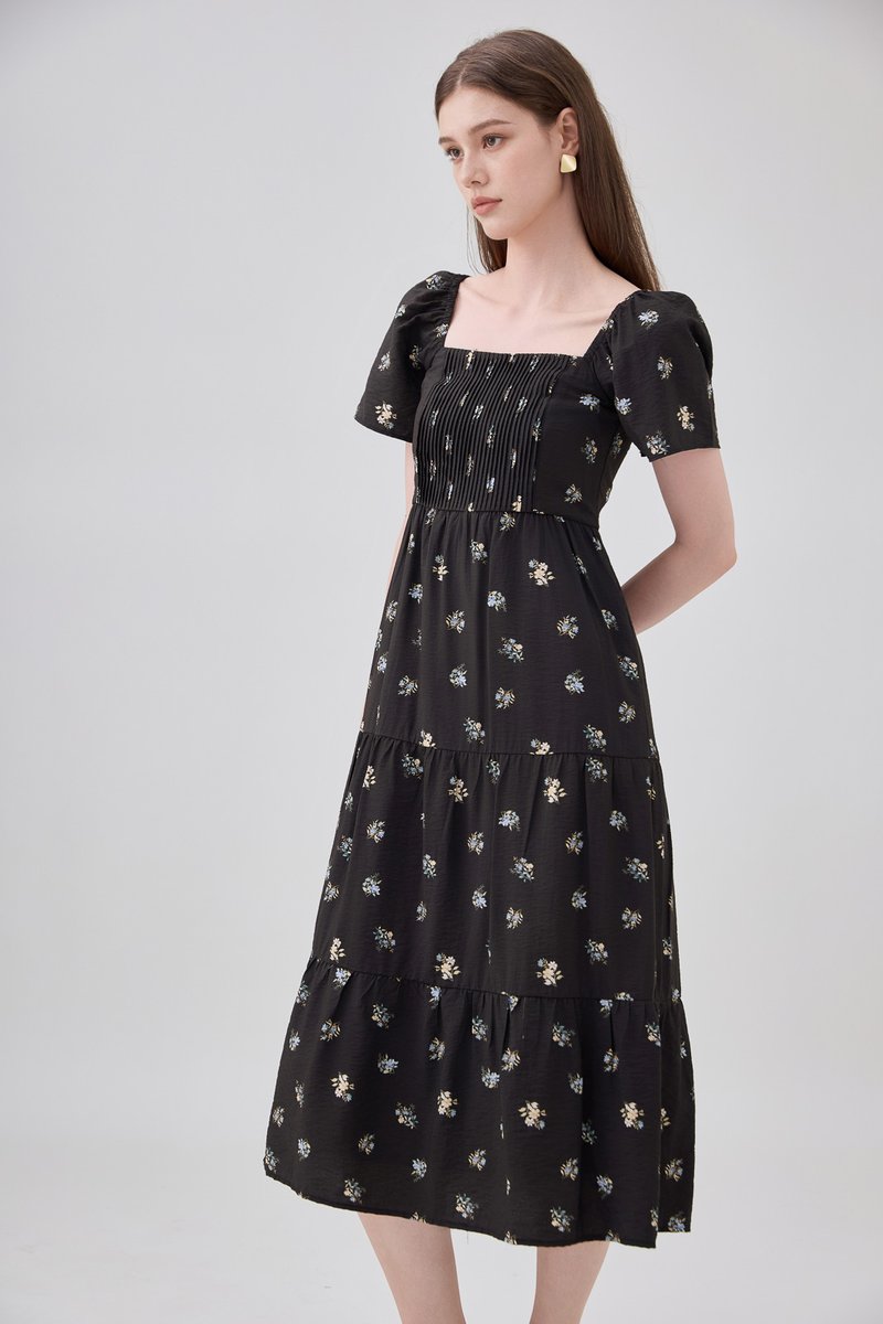 Lakelynn Pintuck Tiered Midi Dress In Black
