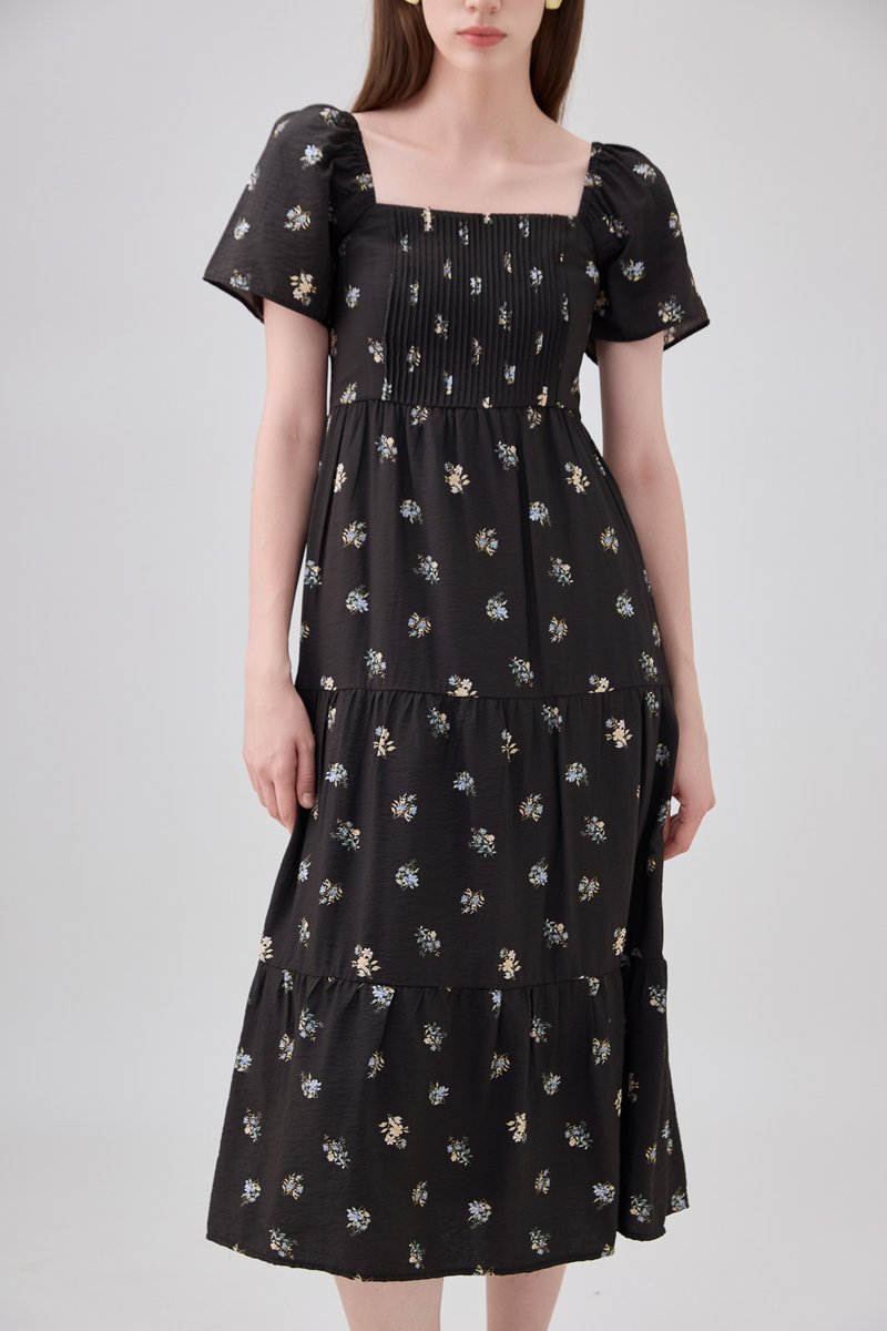 Lakelynn Pintuck Tiered Midi Dress In Black
