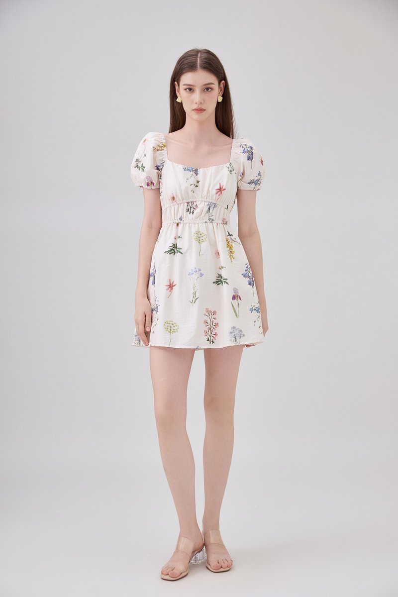 Chaya Botanical Garden Smocked Waist Dress Romper In Light Cream