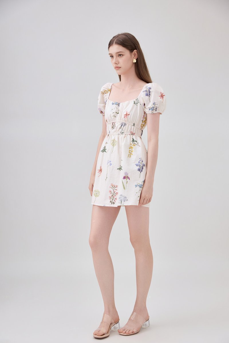 Chaya Botanical Garden Smocked Waist Dress Romper In Light Cream