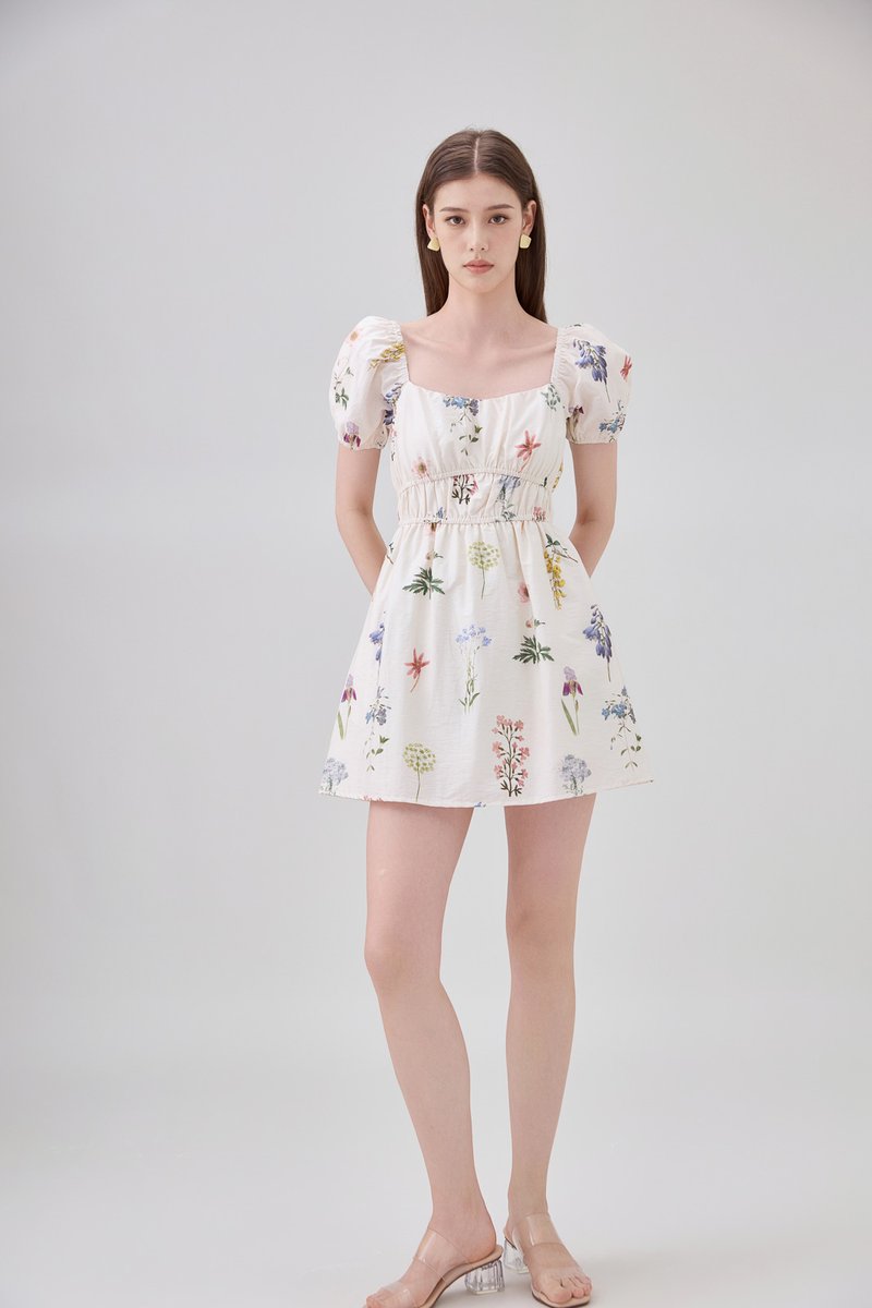 Chaya Botanical Garden Smocked Waist Dress Romper In Light Cream