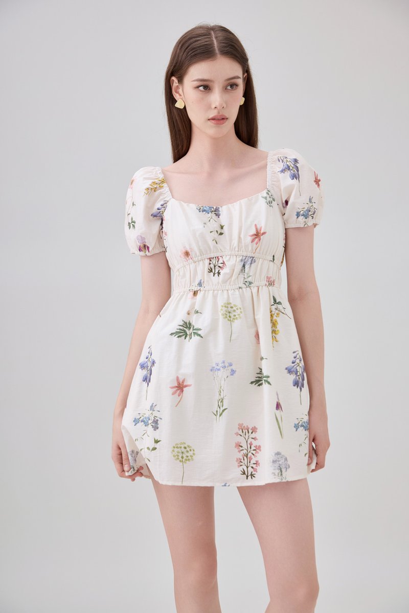 Chaya Botanical Garden Smocked Waist Dress Romper In Light Cream