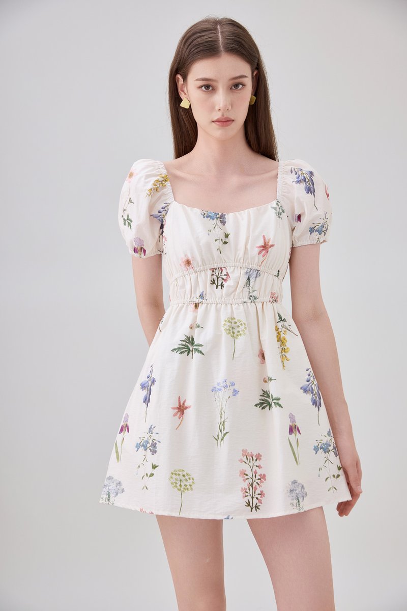 Chaya Botanical Garden Smocked Waist Dress Romper In Light Cream