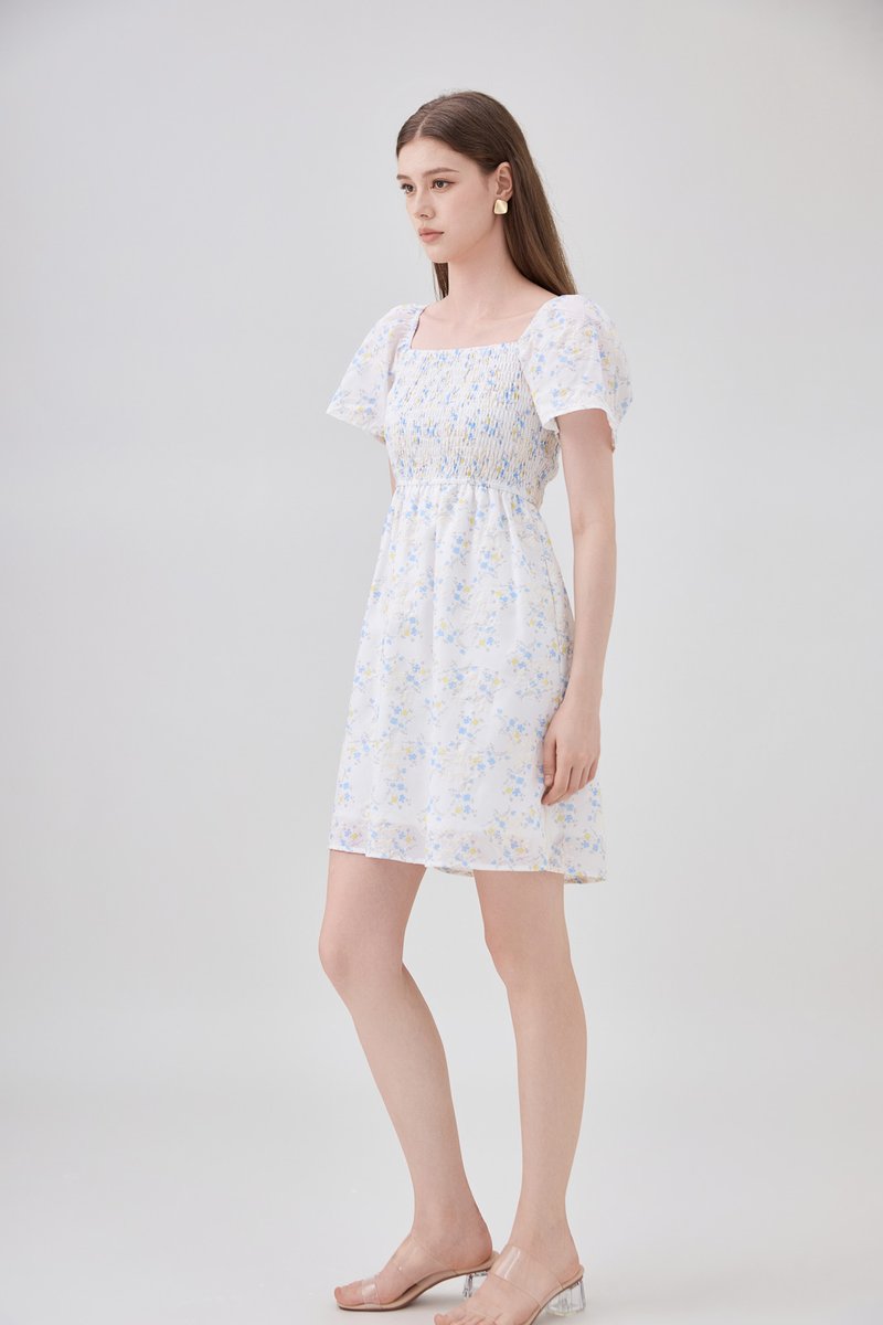 Renata Embroidery Smocked Floral Dress In Yellow