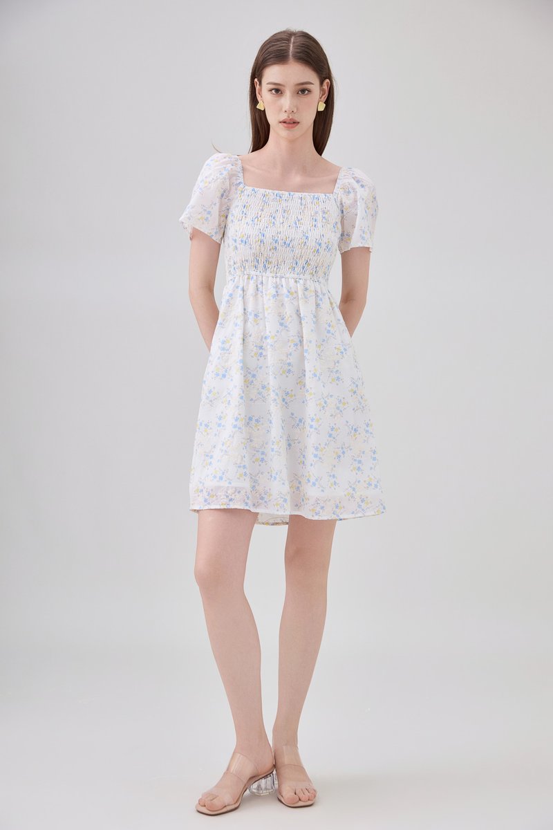 Renata Embroidery Smocked Floral Dress In Yellow