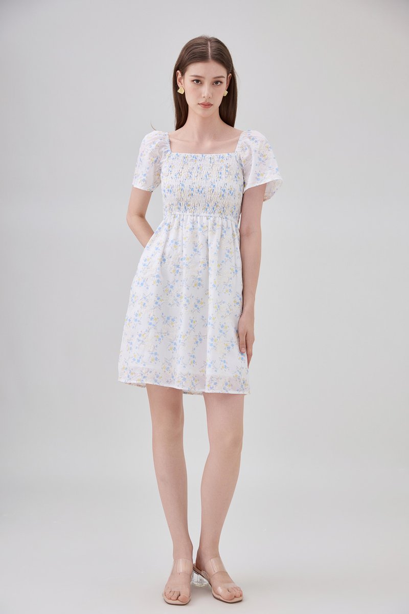 Renata Embroidery Smocked Floral Dress In Yellow