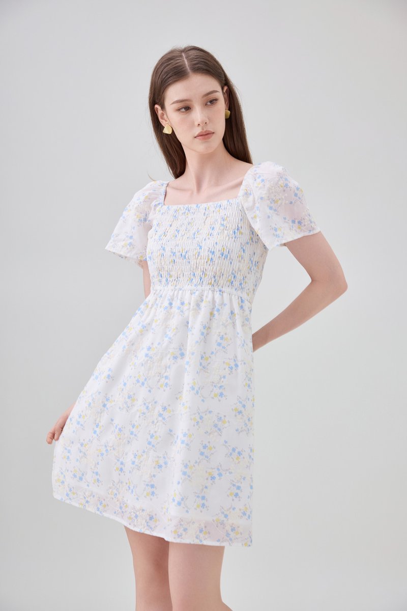 Renata Embroidery Smocked Floral Dress In Yellow