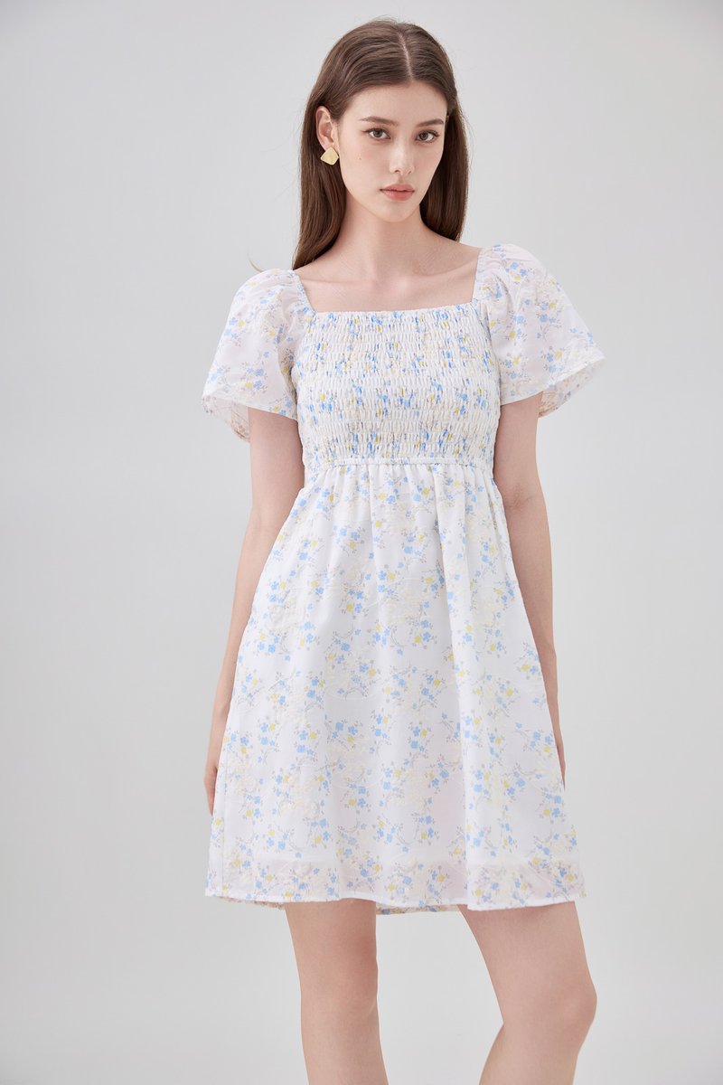 Renata Embroidery Smocked Floral Dress In Yellow