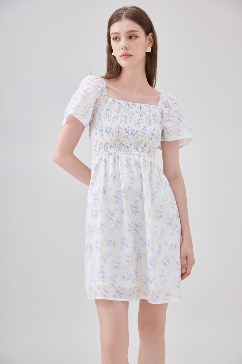 Renata Embroidery Smocked Floral Dress In Yellow