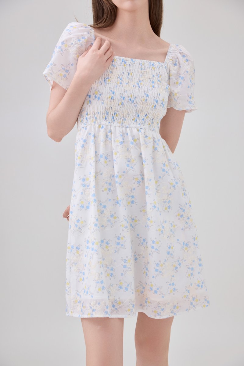 Renata Embroidery Smocked Floral Dress In Yellow