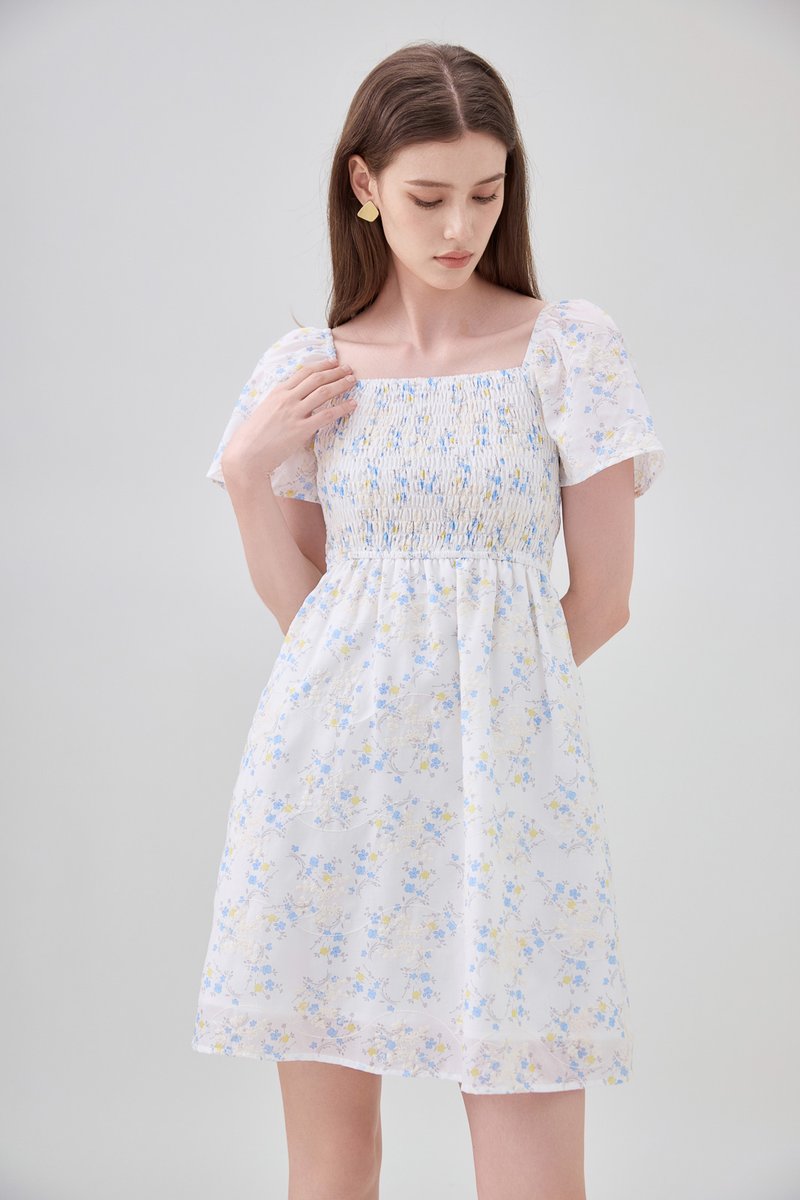 Renata Embroidery Smocked Floral Dress In Yellow