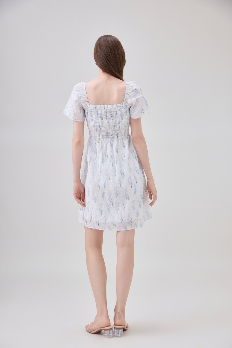Renata Embroidery Smocked Floral Dress In Blue