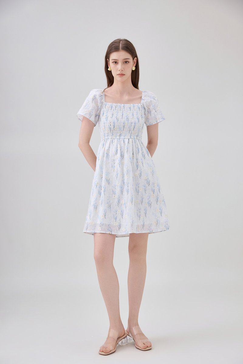 Renata Embroidery Smocked Floral Dress In Blue