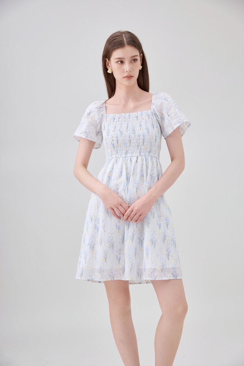 Renata Embroidery Smocked Floral Dress In Blue