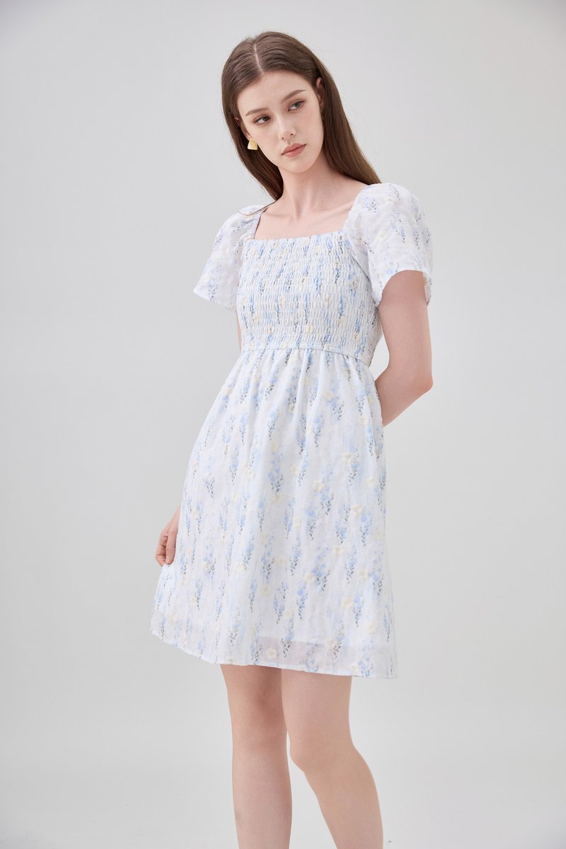 Renata Embroidery Smocked Floral Dress In Blue